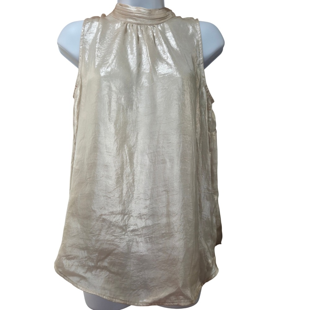 Maeve Anthropologie Romilly Blouse Champagne Metallic Mock Neck Button Back Sz 4